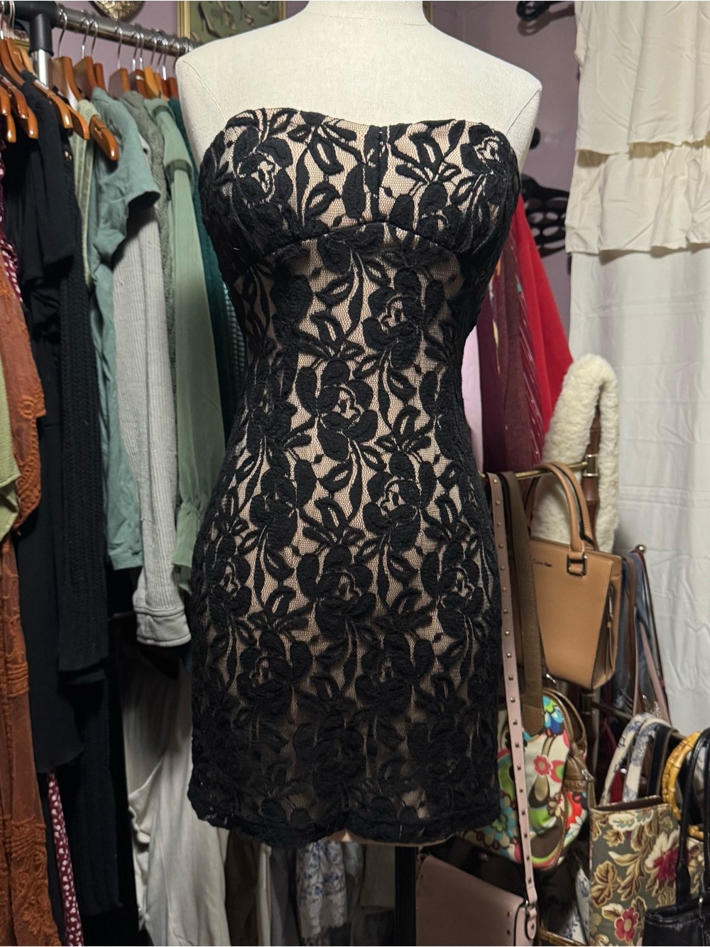 2000s Forever 21 Black Lace Strapless Mini Dress with Nude Underlay - Picture 1 of 6